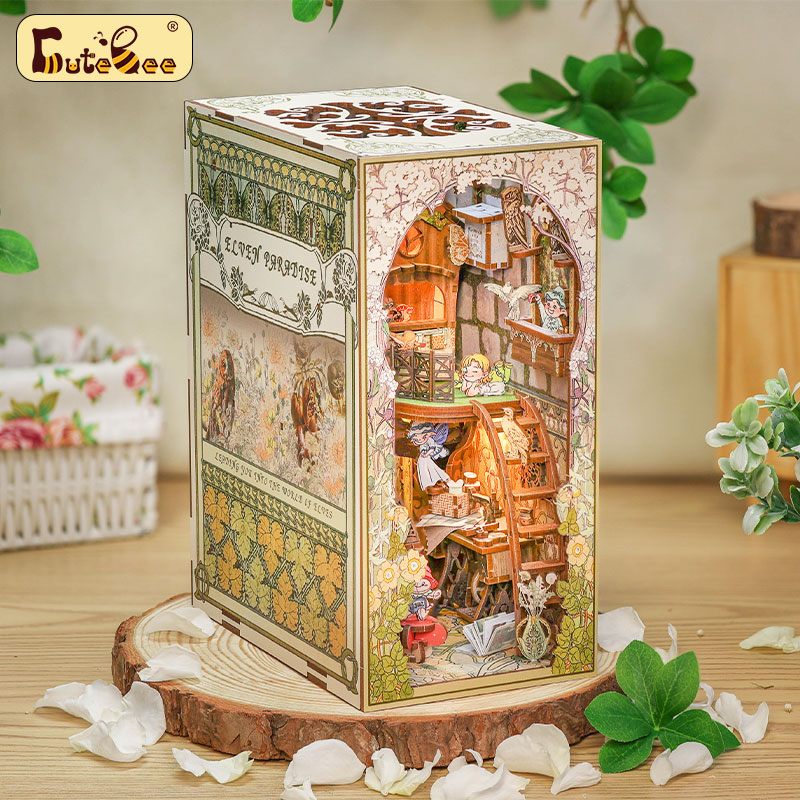 CUTEBEE DIY Book Nook Kit DIY nhà búp bê ngôi nhà búp bê mô hình nhà gỗ câu đố giáo dục Có nắp che bụi