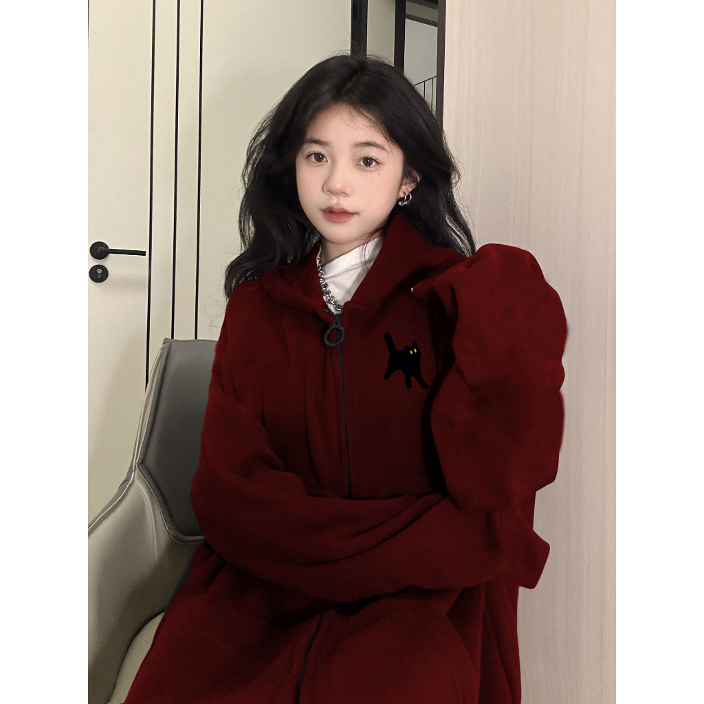 Áo Khoác cardigan Vải cotton Phối Khóa Kéo Màu Đỏ Rượu Kiểu Mới Thời Trang Mùa Thu