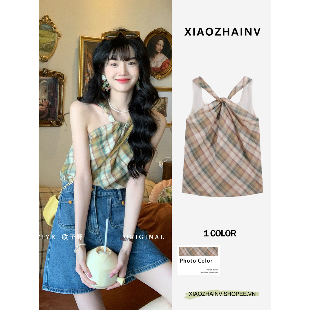 Xiaozhainv Áo Hai Dây Dáng Rộng Họa Tiết Kẻ Sọc Thời Trang Mùa Hè Vintage Cho Nữ