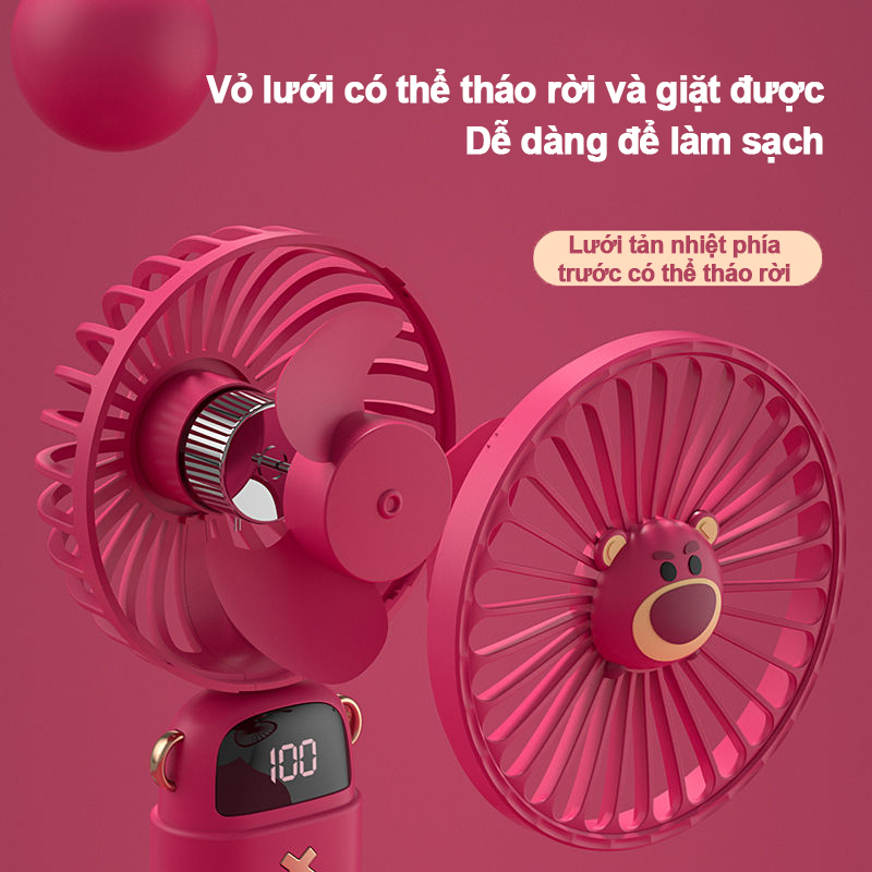 Quạt Cầm Tay Mini  USB Sạc Có Đế Để Bàn Gấu Dâu Tây Disney Đáng Yêu