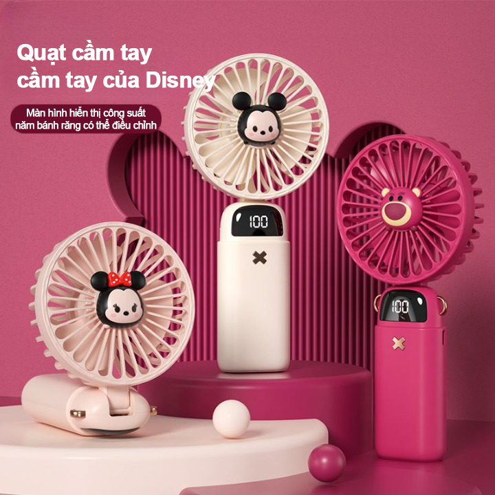 Quạt Cầm Tay Mini  USB Sạc Có Đế Để Bàn Gấu Dâu Tây Disney Đáng Yêu