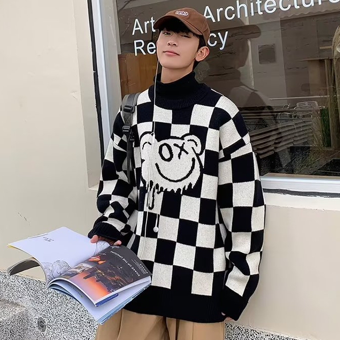Mới Áo Len Dài Tay Họa Tiết Ca Rô Phong Cách Hàn Quốc Dành Cho Cả Nam Và Nữ