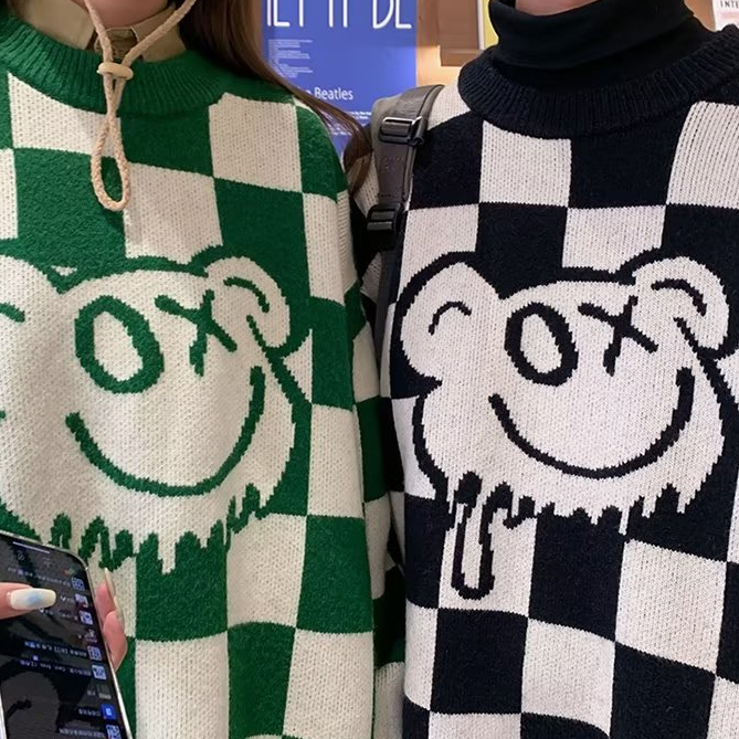 Mới Áo Len Dài Tay Họa Tiết Ca Rô Phong Cách Hàn Quốc Dành Cho Cả Nam Và Nữ