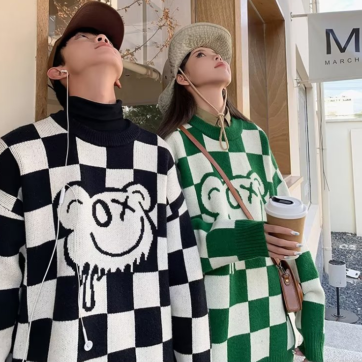 Mới Áo Len Dài Tay Họa Tiết Ca Rô Phong Cách Hàn Quốc Dành Cho Cả Nam Và Nữ