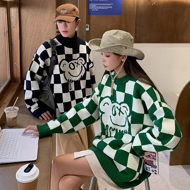 Mới Áo Len Dài Tay Họa Tiết Ca Rô Phong Cách Hàn Quốc Dành Cho Cả Nam Và Nữ