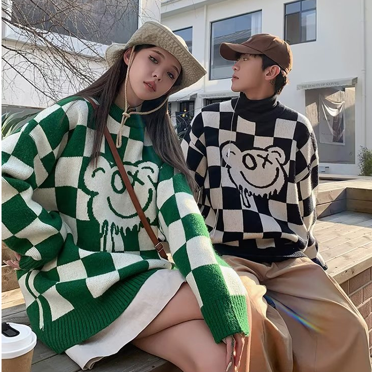 Mới Áo Len Dài Tay Họa Tiết Ca Rô Phong Cách Hàn Quốc Dành Cho Cả Nam Và Nữ