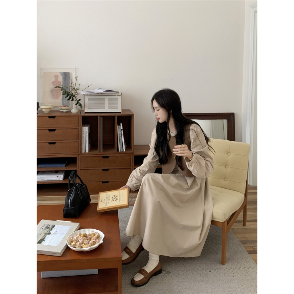 QOEDDV Set Áo Tay Dài Và Đầm Yếm Da Phong Cách Hàn Quốc Đơn Giản Dành Cho Nữ