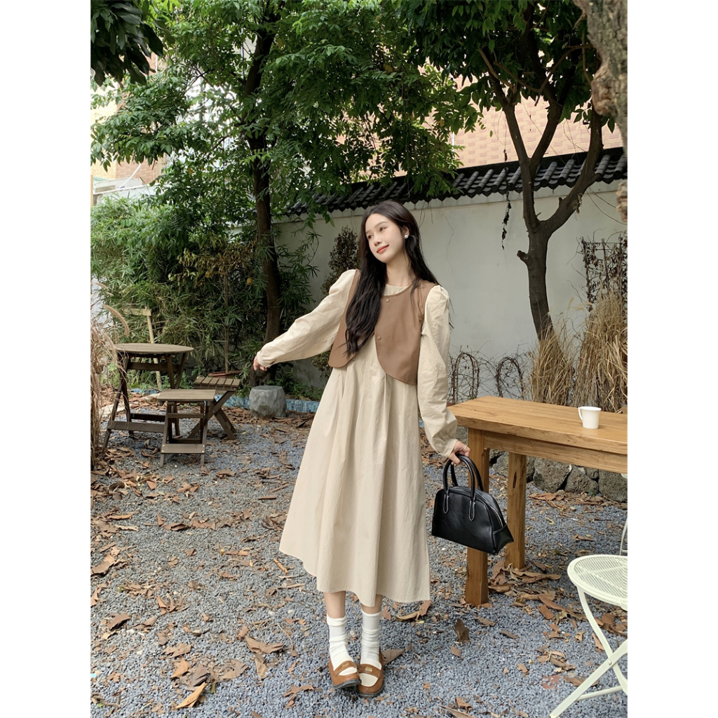 QOEDDV Set Áo Tay Dài Và Đầm Yếm Da Phong Cách Hàn Quốc Đơn Giản Dành Cho Nữ