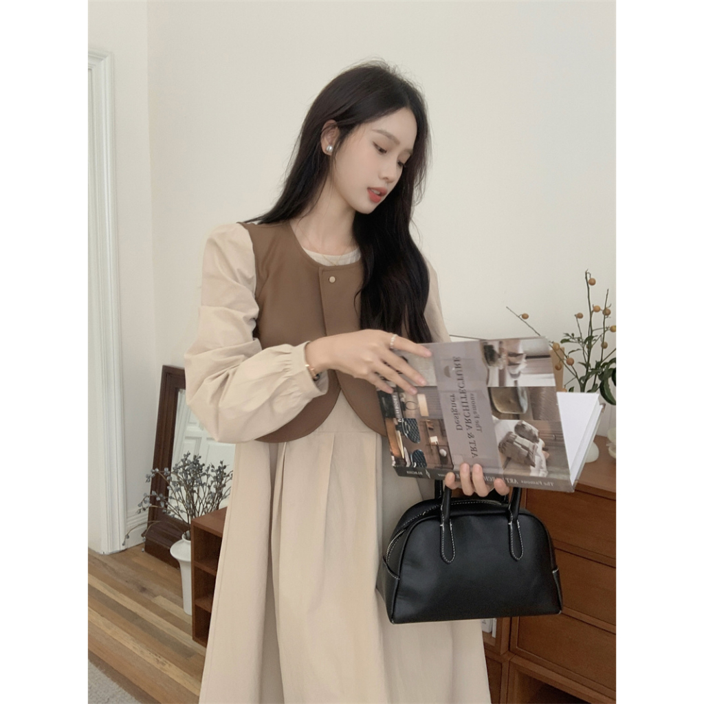 QOEDDV Set Áo Tay Dài Và Đầm Yếm Da Phong Cách Hàn Quốc Đơn Giản Dành Cho Nữ