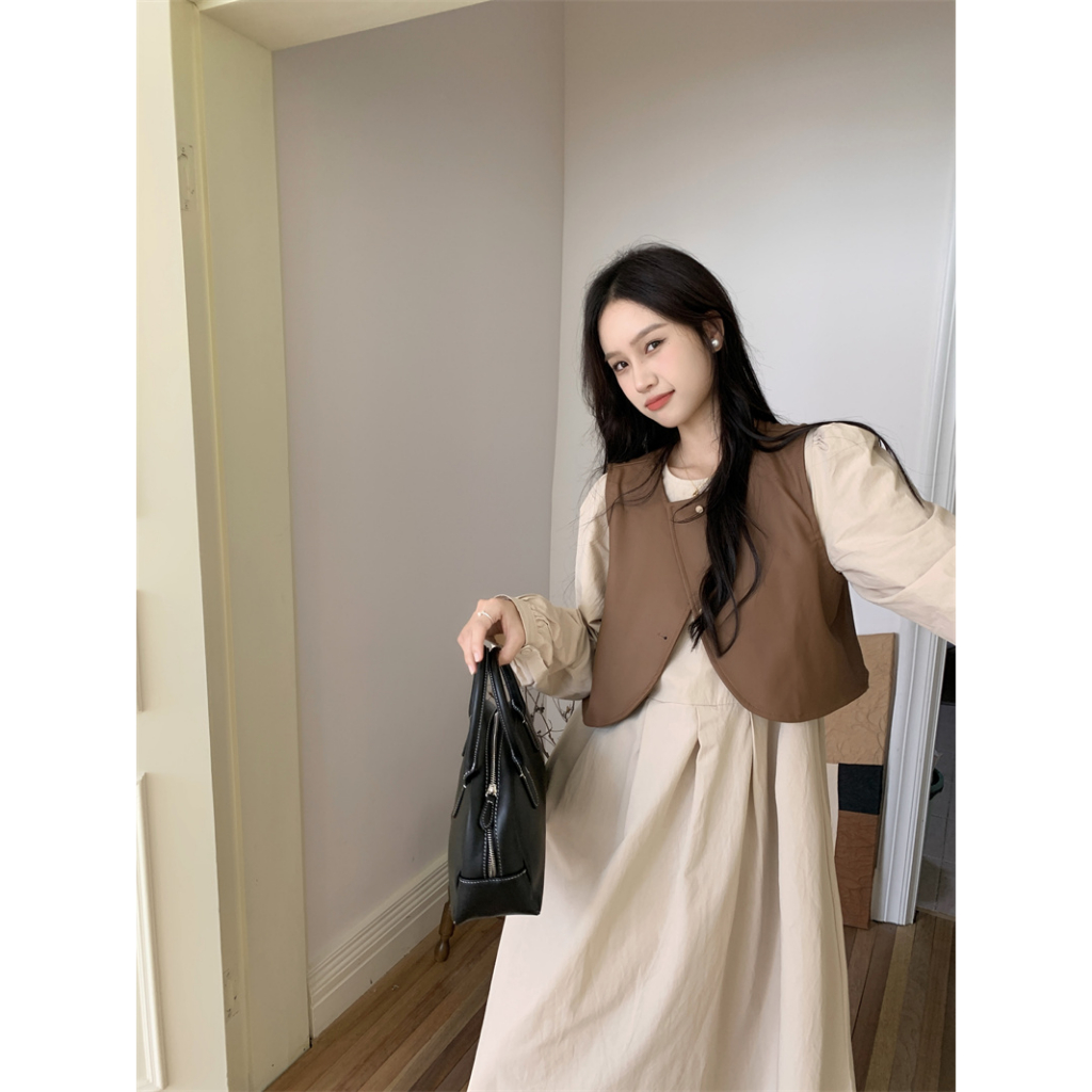 QOEDDV Set Áo Tay Dài Và Đầm Yếm Da Phong Cách Hàn Quốc Đơn Giản Dành Cho Nữ