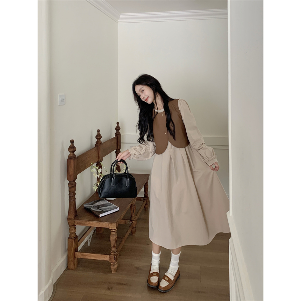 QOEDDV Set Áo Tay Dài Và Đầm Yếm Da Phong Cách Hàn Quốc Đơn Giản Dành Cho Nữ