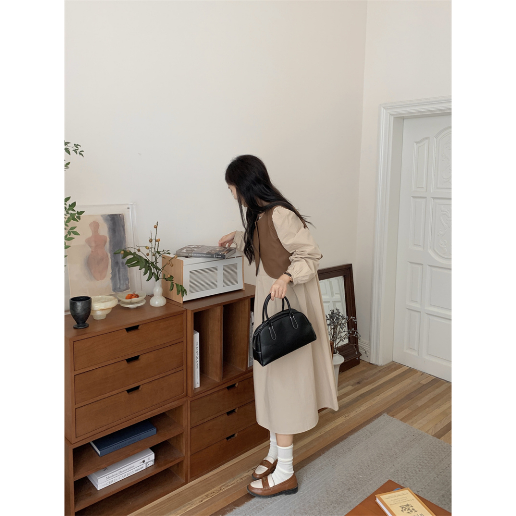 QOEDDV Set Áo Tay Dài Và Đầm Yếm Da Phong Cách Hàn Quốc Đơn Giản Dành Cho Nữ