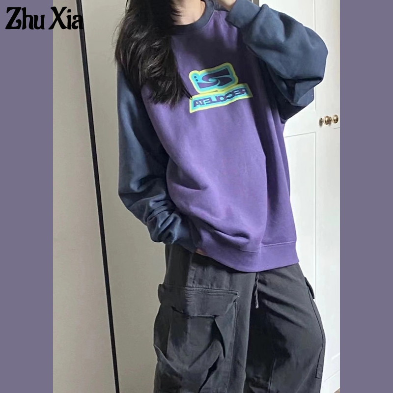 Zhu Xia Hàng Mới Về Mới Áo sweater Cổ Tròn Màu Tương Phản Thời Trang Thu Đông Cho Nữ