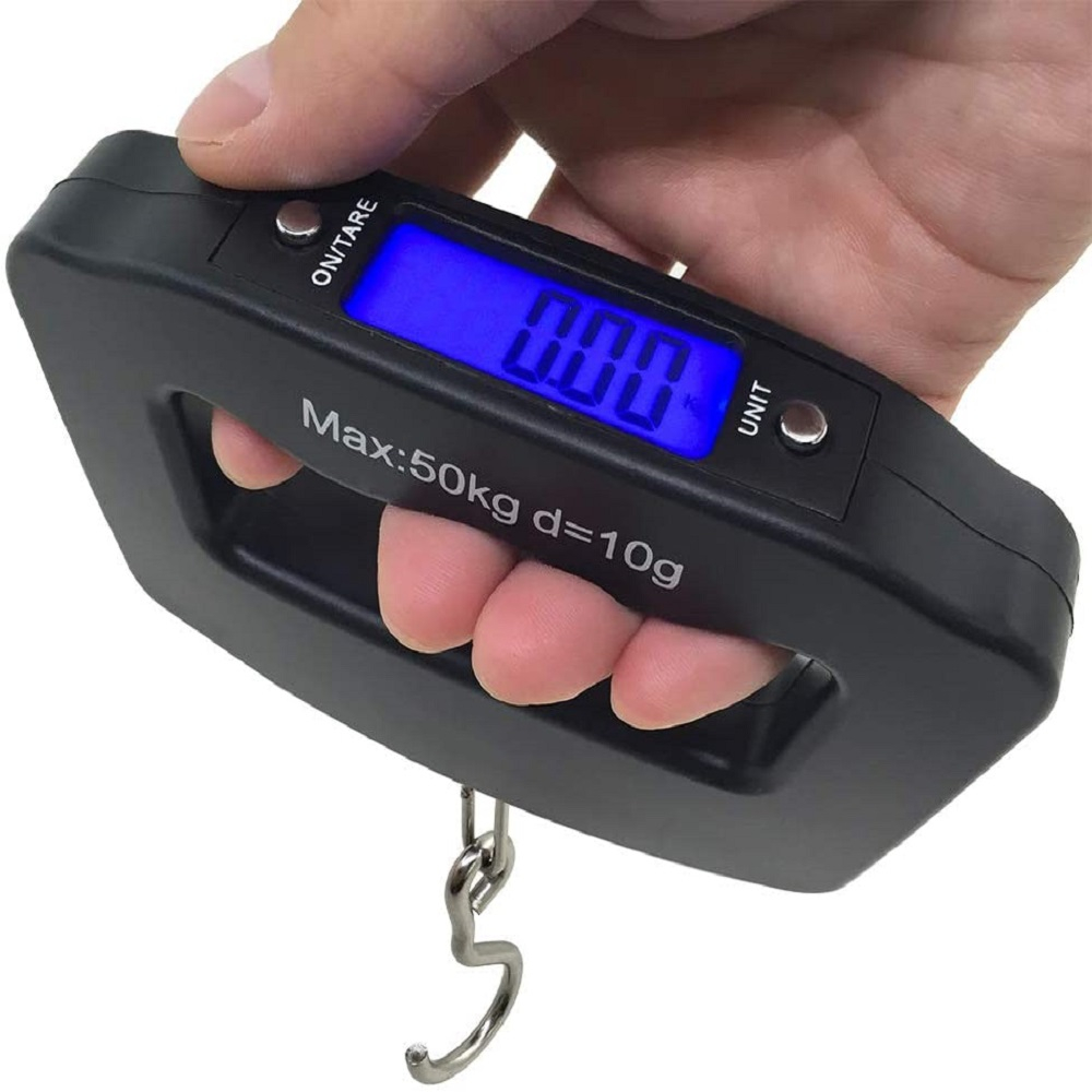 Cân hành lý kỹ thuật số 50kg / 10g Vali di động điện tử Cân du lịch có đèn nền Cân treo du lịch điện