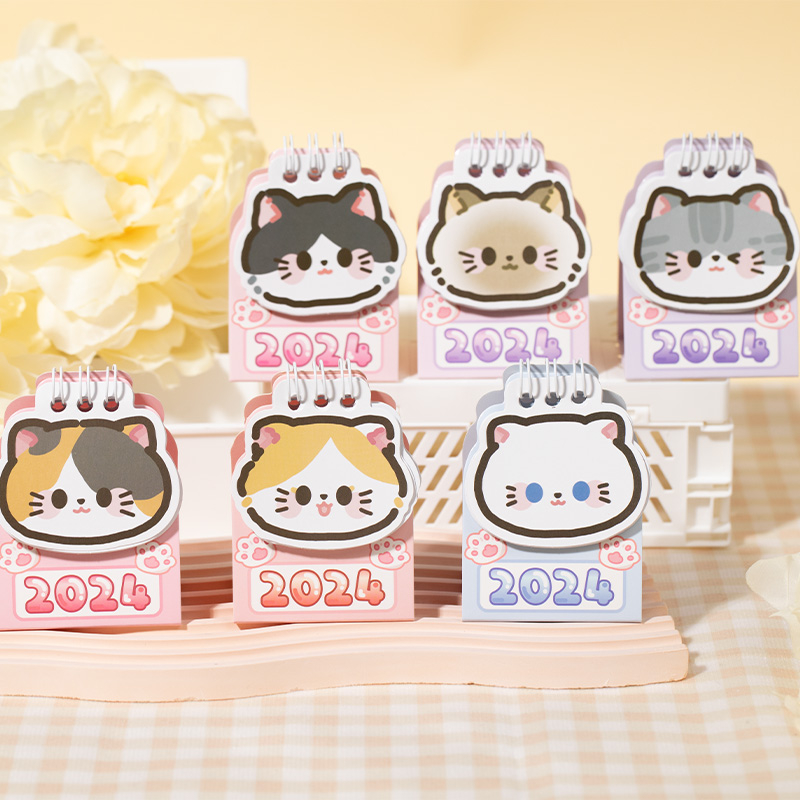 Mr. Paper Vào năm 2024 kiểu Desktop cuộn lịch Phim hoạt hình dễ thương Con mèo Mini mang theo lịch（2023.11--2024.12）