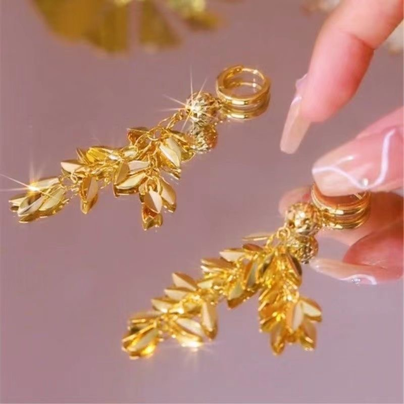 Bông Tai Vàng Dáng Dài Phối Tua Rua Thời Trang Cho Khuyên Tai Cô Dâu Mạ Vàng Nữ