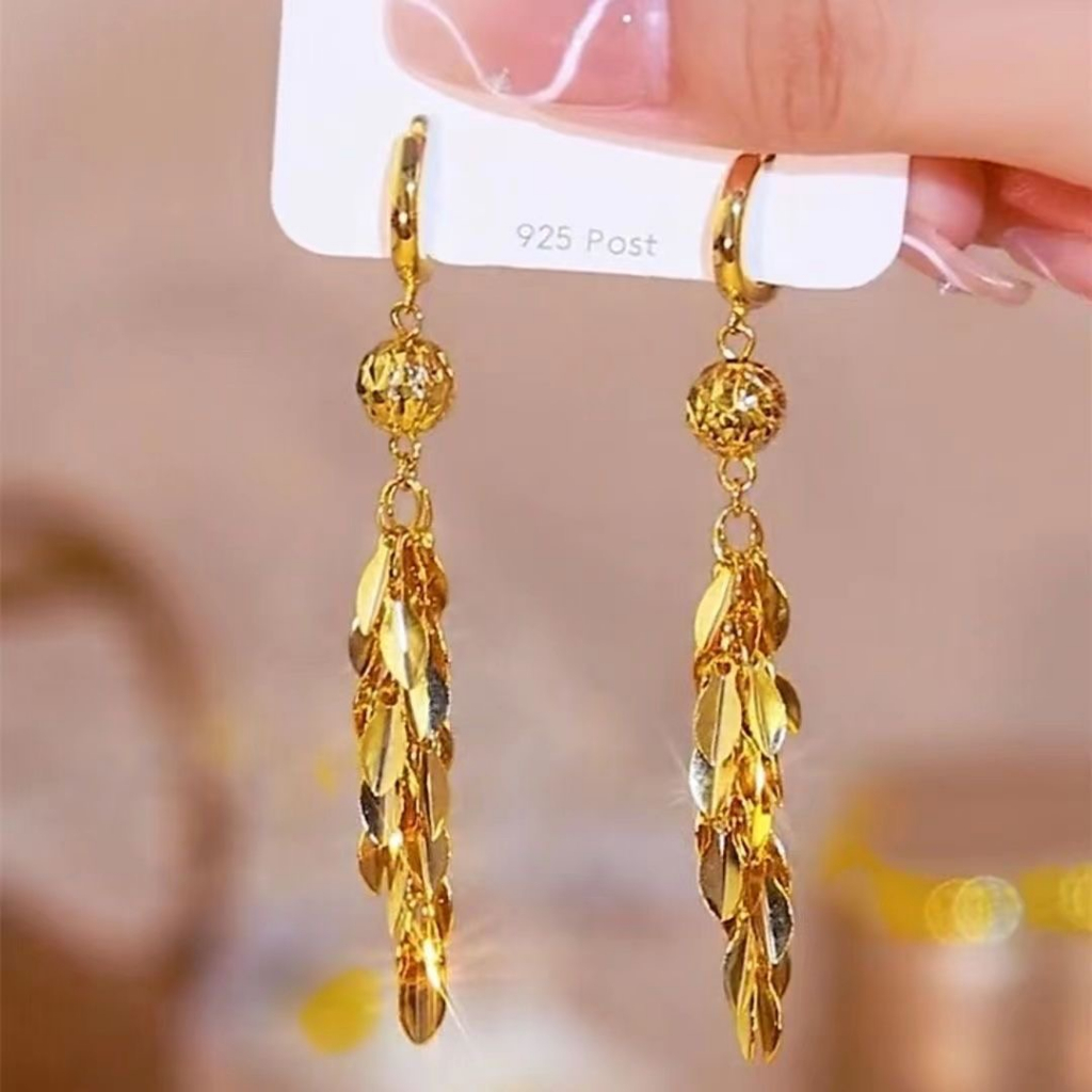 Bông Tai Vàng Dáng Dài Phối Tua Rua Thời Trang Cho Khuyên Tai Cô Dâu Mạ Vàng Nữ