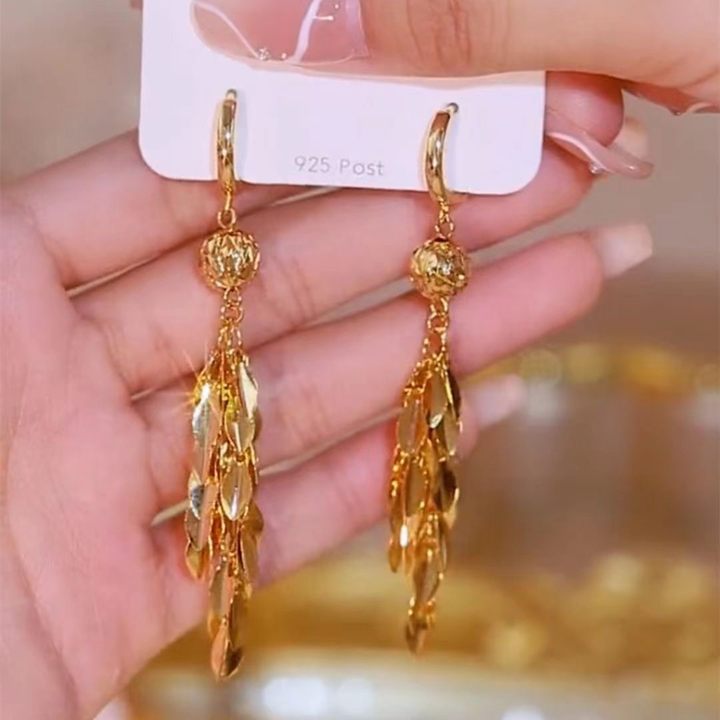 Bông Tai Vàng Dáng Dài Phối Tua Rua Thời Trang Cho Khuyên Tai Cô Dâu Mạ Vàng Nữ