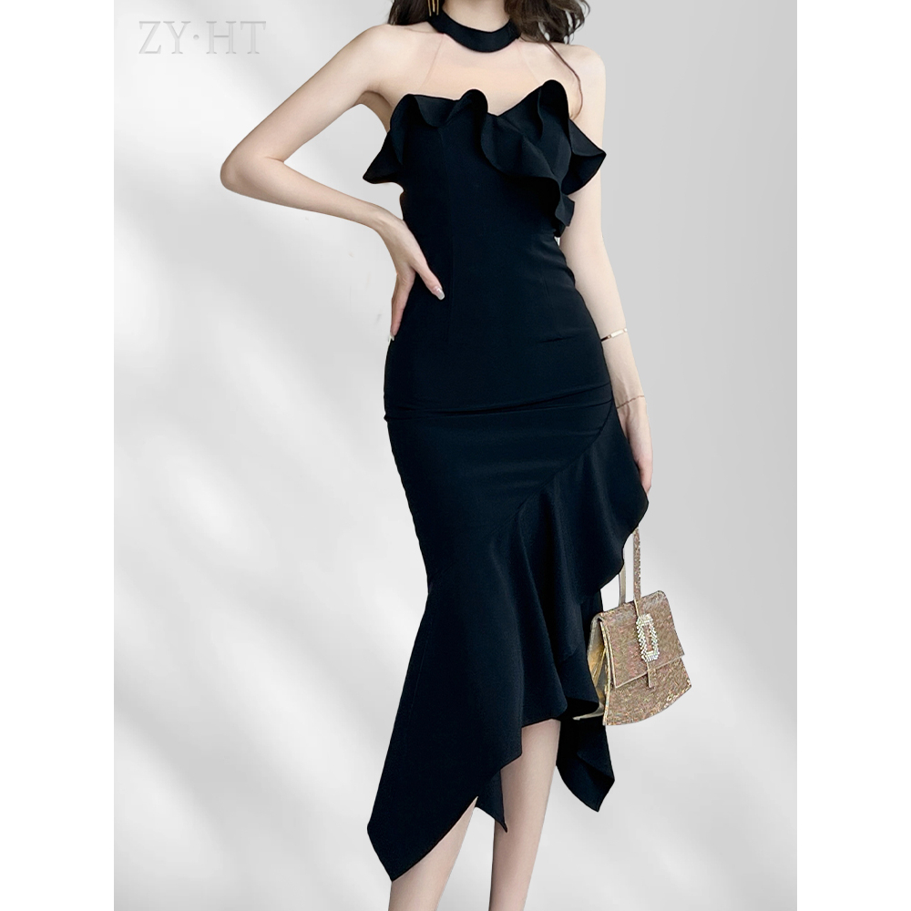 ZYHT Đầm Body dây treo sexy Lộ lưng Cảm giác cao cấp Mảnh mai Không tay áo Một từ cổ áo đầm đuôi cá 20495