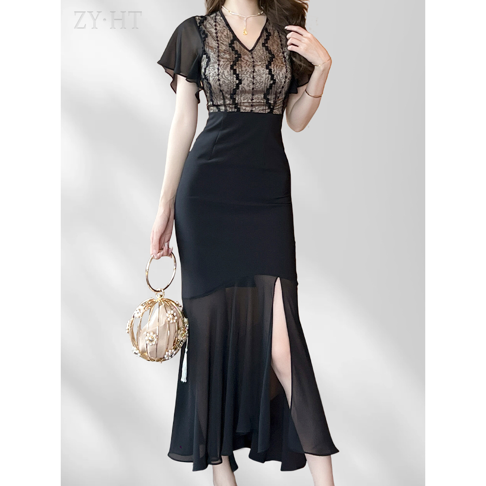 ZYHT Đầm Body Khí chất cổ chữ v vải ren Tay áo lá sen Màu đơn giản đầm ren phối lưới giá rẻ 20482