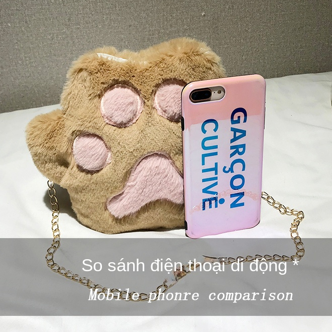 Túi Đeo Chéo Hình Bàn Chân Gấu Bằng Lông Màu Sắc Tương Phản Phong Cách Hàn Quốc Dành Cho Nữ