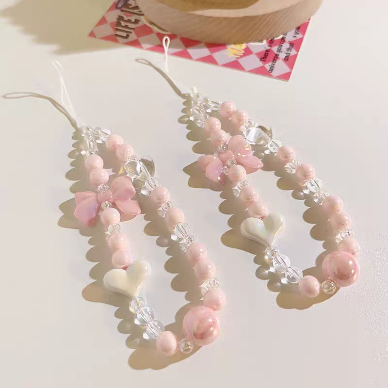 Màu hồng Bow Handmade DIY Beaded Chain Trường hợp điện thoại chống rơi Phụ kiện điện thoại Key Clasp Lanyard