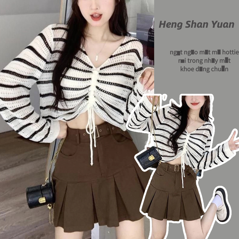 Áo sweater HENG SHAN YUAN tay dài cổ chữ V kẻ sọc phối dây rút cá tính cho nữ