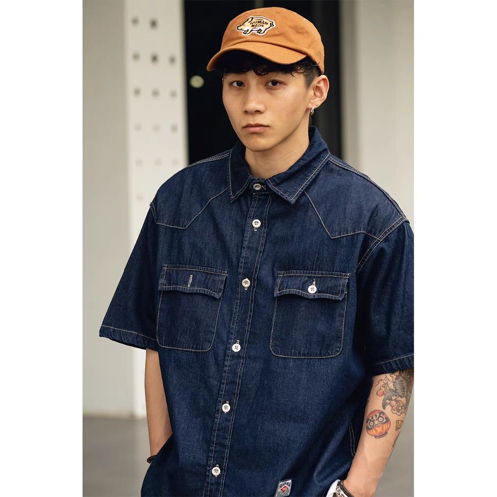 Áo sơ mi denim EERSHENSHI ngắn tay phong cách Nhật Bản thời trang cho nam