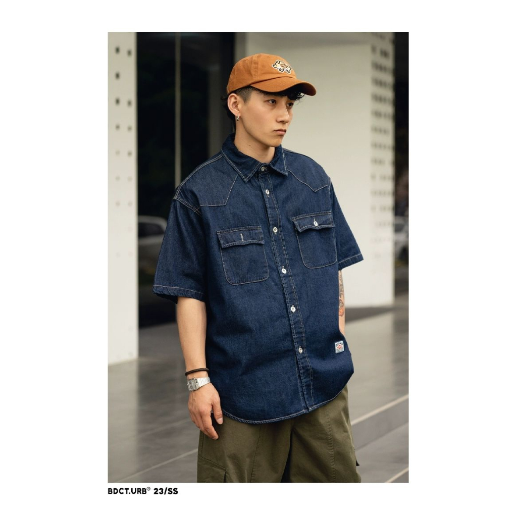 Áo sơ mi denim EERSHENSHI ngắn tay phong cách Nhật Bản thời trang cho nam