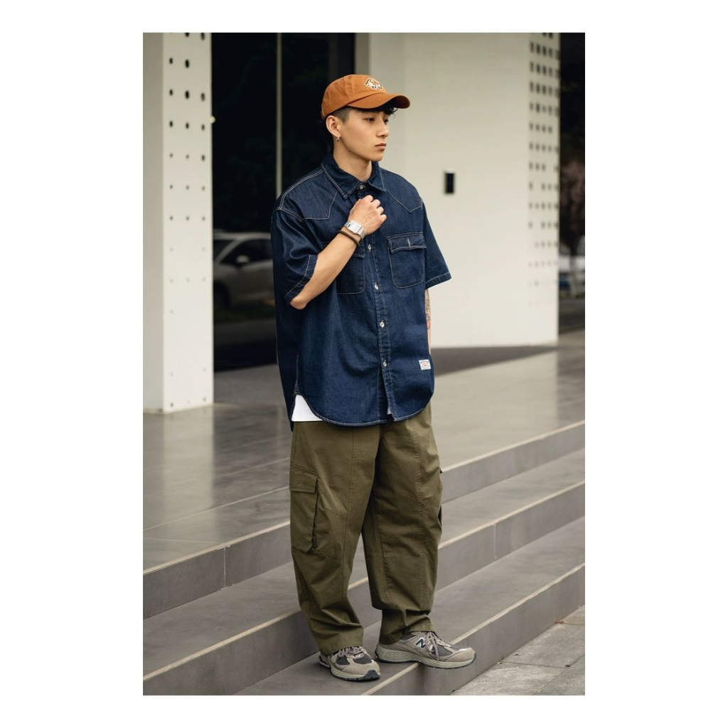 Áo sơ mi denim EERSHENSHI ngắn tay phong cách Nhật Bản thời trang cho nam