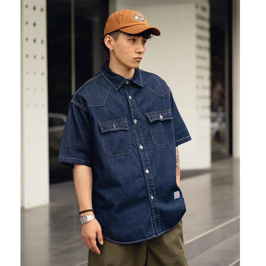 Áo sơ mi denim EERSHENSHI ngắn tay phong cách Nhật Bản thời trang cho nam