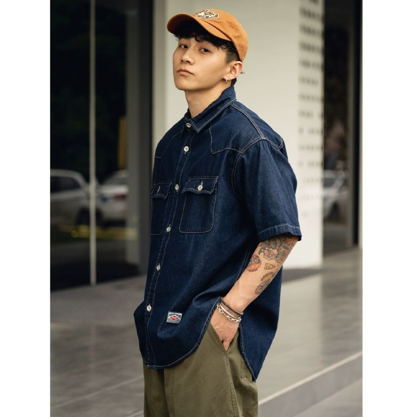 Áo sơ mi denim EERSHENSHI ngắn tay phong cách Nhật Bản thời trang cho nam