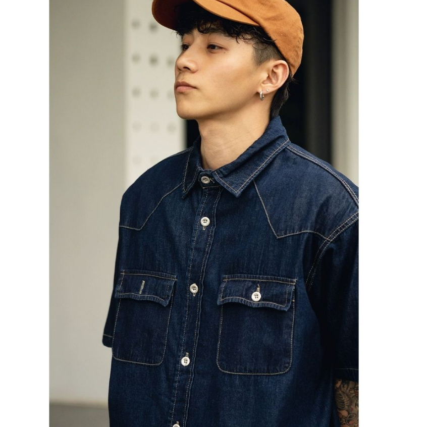 Áo sơ mi denim EERSHENSHI ngắn tay phong cách Nhật Bản thời trang cho nam