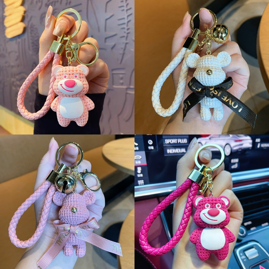 Móc Khóa Cao Cấp Gấu Dâu Hồng Kèm Dây Siêu Cute Mẫu Mới