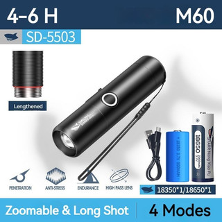 Smiling Shark SD5503 Đèn pin led siêu sáng m60 60000 lumens với chụp màu đỏ trắng ấm usb có thể sạc lại không thấm nước có thể thu phóng ngoài trời đi bộ đường dài cắm trại câu cá