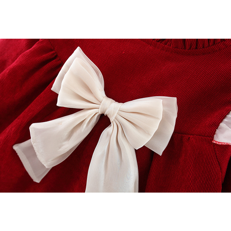 Năm Mới!Váy bé gái Tay Dài Phối Nơ Màu Be Thời Trang Xuân Thu 2024 Mới