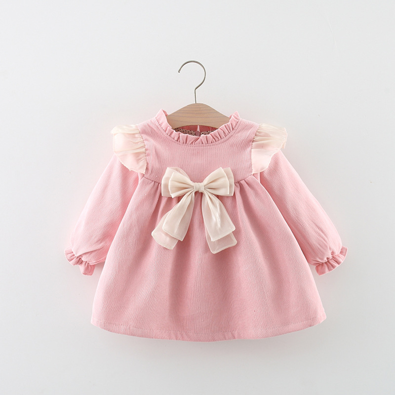 Năm Mới!Váy bé gái Tay Dài Phối Nơ Màu Be Thời Trang Xuân Thu 2024 Mới