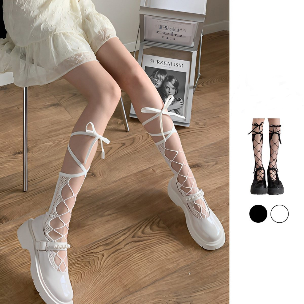 Tất vớ lưới phong cách lolita buộc dây đan chéo ❤️Tất nữ cột dây tất nữ cổ cao vớ cổ cao Tất nữ phong cách gothic