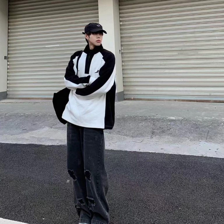 Áo sweater POLO Dáng Rộng Phối Màu Tương Phản Thời Trang Cho Nam