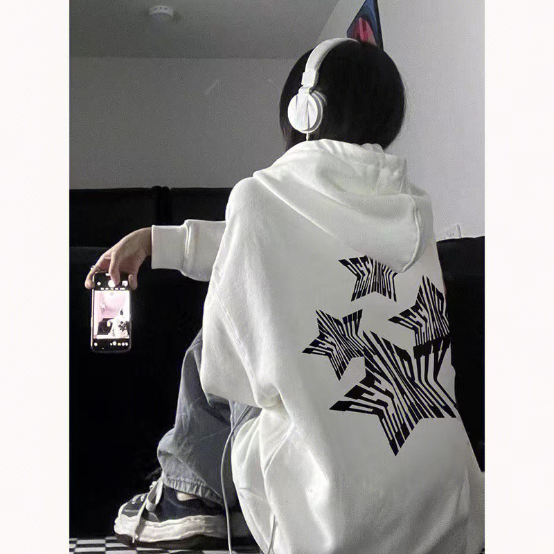 XIN LAN YA SHE Áo hoodie Dài Tay Dáng Rộng In Hình Ngôi Sao Thời Trang Mùa Thu Đông Hàn Quốc Dành Cho Nữ