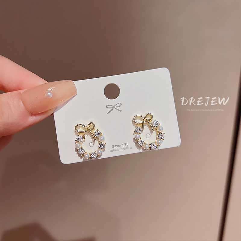 DREJEW Bông Tai Mạ Bạc 925 Hình Nơ Đính Đá zircon Ngọc Trai Phong Cách Hàn Quốc Thời Trang