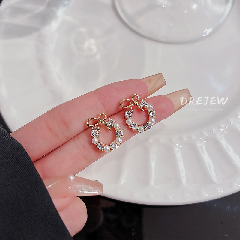 DREJEW Bông Tai Mạ Bạc 925 Hình Nơ Đính Đá zircon Ngọc Trai Phong Cách Hàn Quốc Thời Trang