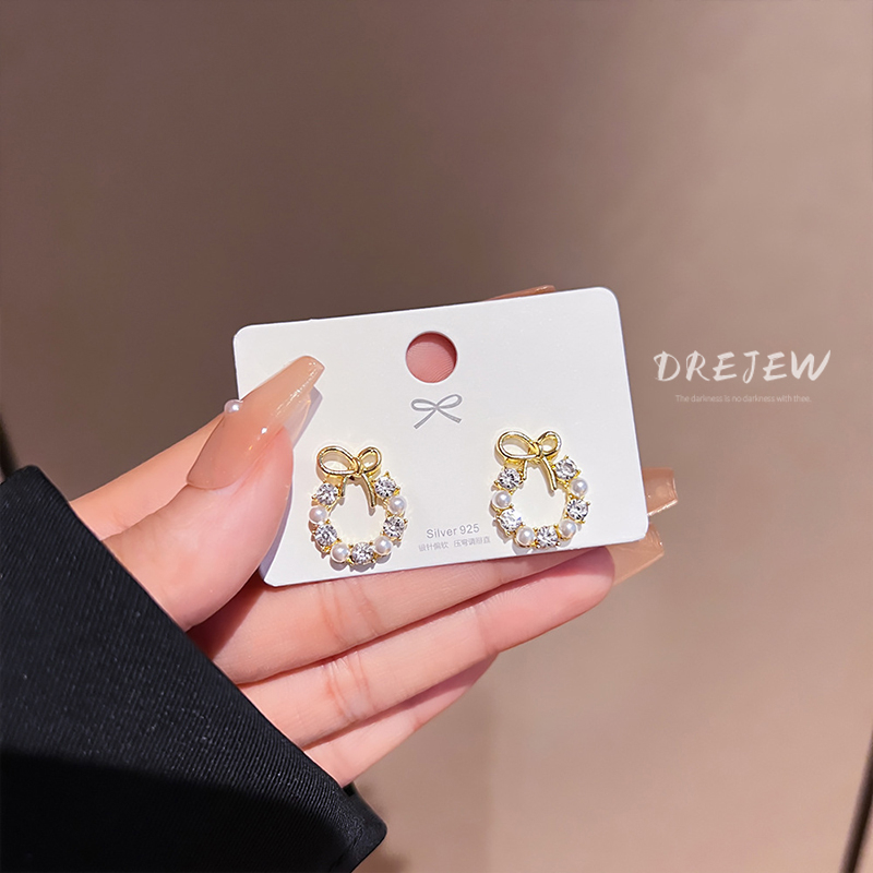 DREJEW Bông Tai Mạ Bạc 925 Hình Nơ Đính Đá zircon Ngọc Trai Phong Cách Hàn Quốc Thời Trang
