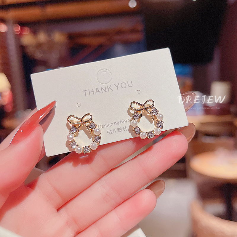 DREJEW Bông Tai Mạ Bạc 925 Hình Nơ Đính Đá zircon Ngọc Trai Phong Cách Hàn Quốc Thời Trang