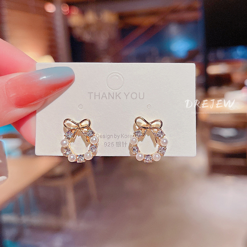 DREJEW Bông Tai Mạ Bạc 925 Hình Nơ Đính Đá zircon Ngọc Trai Phong Cách Hàn Quốc Thời Trang
