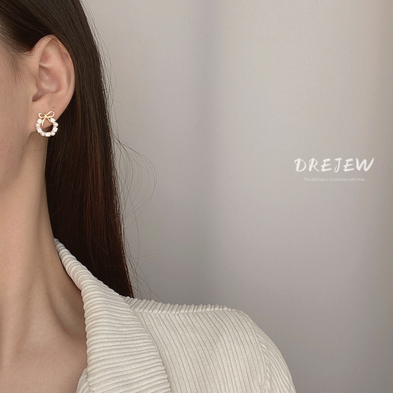 DREJEW Bông Tai Mạ Bạc 925 Hình Nơ Đính Đá zircon Ngọc Trai Phong Cách Hàn Quốc Thời Trang