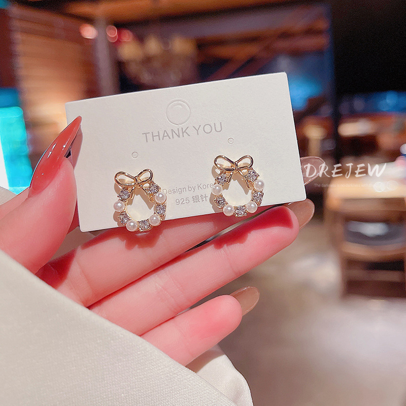 DREJEW Bông Tai Mạ Bạc 925 Hình Nơ Đính Đá zircon Ngọc Trai Phong Cách Hàn Quốc Thời Trang