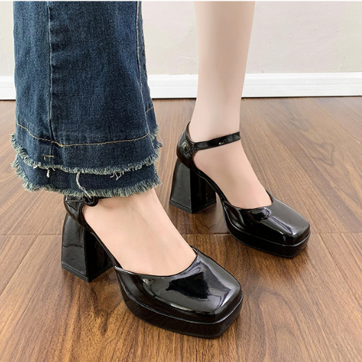 Hong Kong Premium shoes❥Giày Cao Gót Da Bóng Mũi Vuông Chống Nước Phong Cách Pháp Cho Nữ