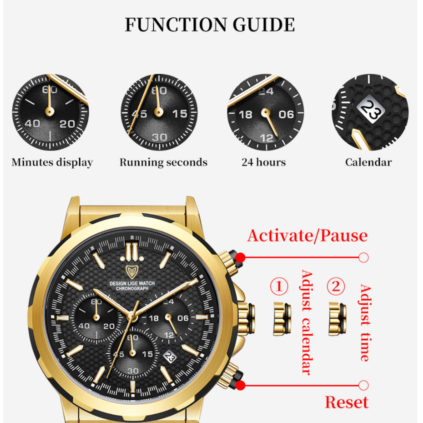 Lige Đồng Hồ Quartz Nam Hiển Thị Ngày Chống Thấm Nước Dây Thép Không Gỉ Ghi Âm chronograph