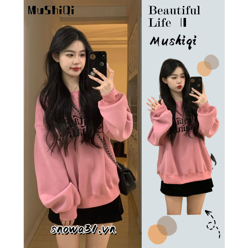 Mujiqi Áo Sweater Cổ Tròn Hở Vai In Họa Tiết Thời Trang Cho Nữ